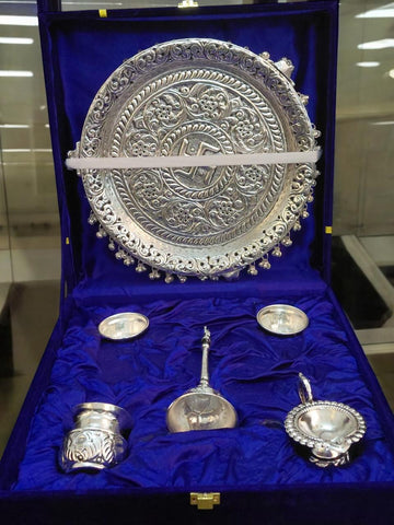 Brass Handcrafted Silver Pooja Thali Set - Divine Astitav