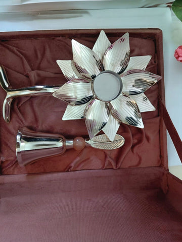 Lotus Diya and Bell Set with Velvet Box – Traditional Pooja & Gift Set