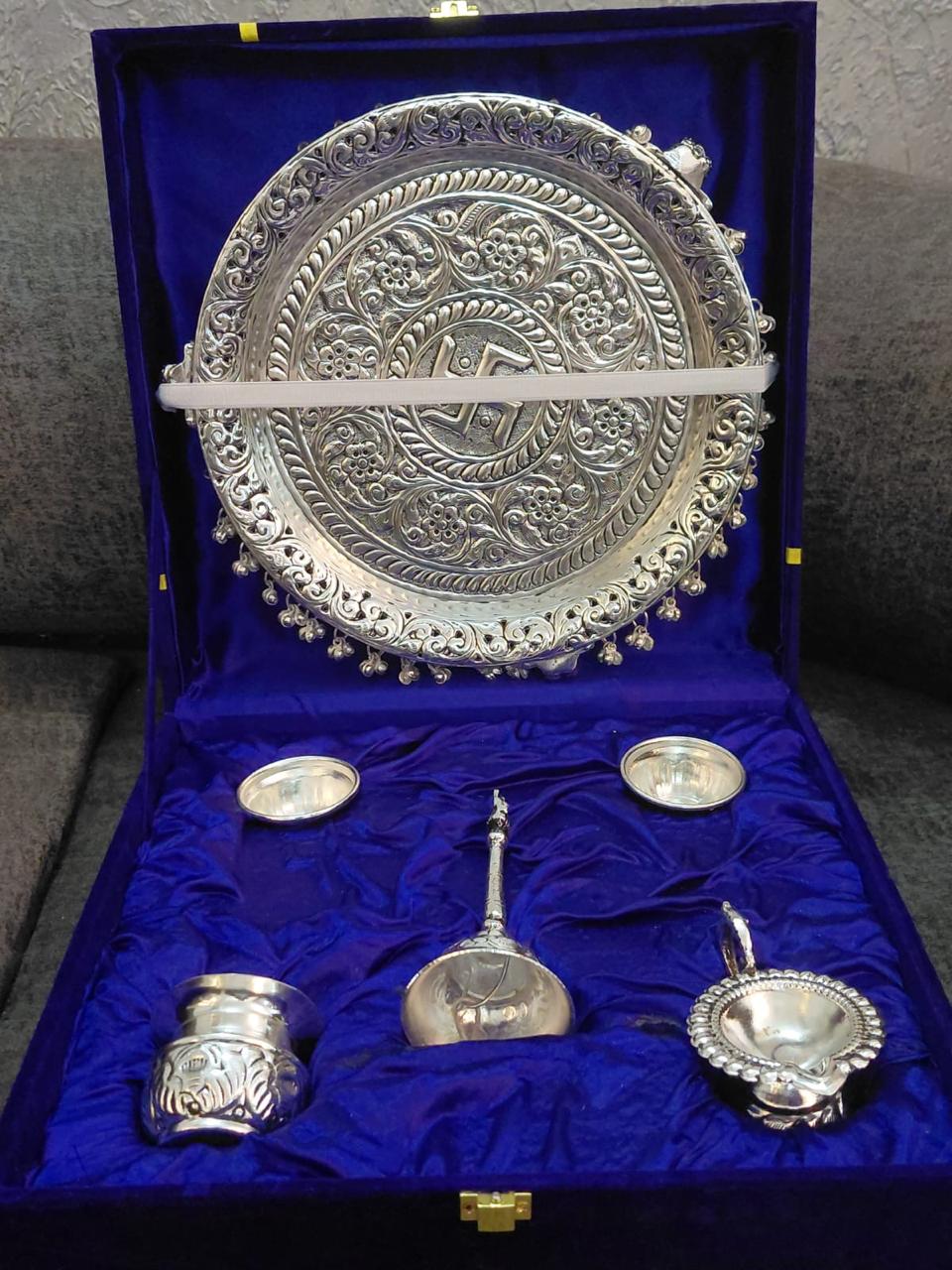 Brass Handcrafted Silver Pooja Thali Set - Divine Astitav