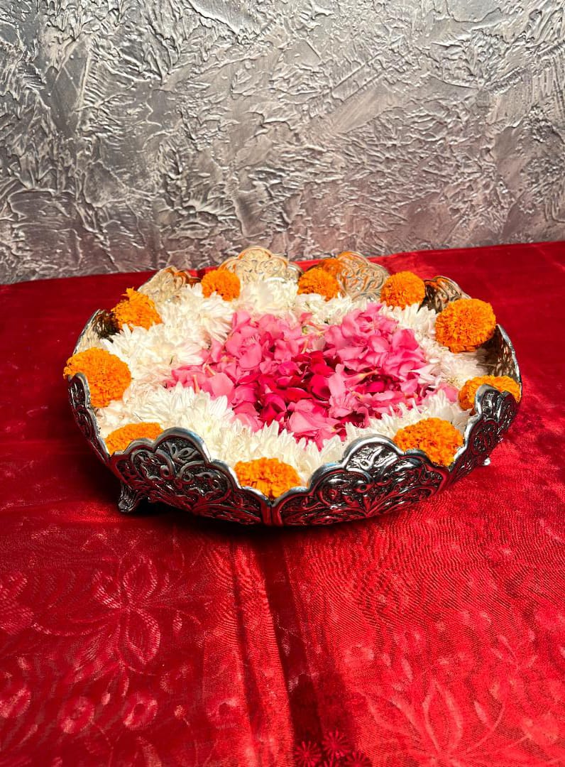 Brass Handmade Carving Urli with Silver Polish