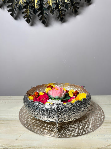 Pure Brass Hand-Carved Peacock Urli – 10 Inch Decorative Brass Bowl for Home & Festive Décor