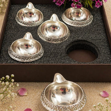 Brass Kuber Diya with silver finish - Set of 5- heavy weight
