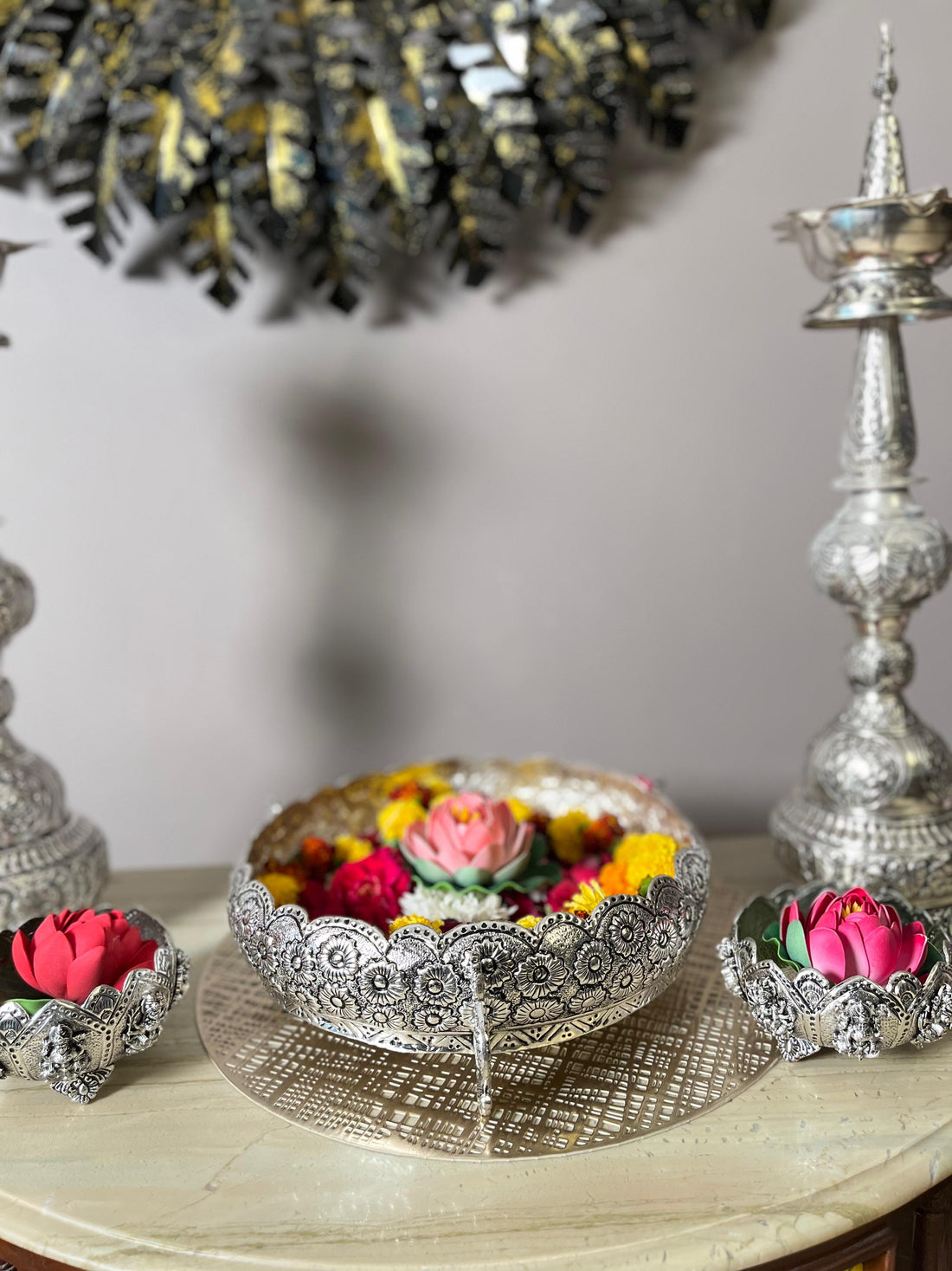 Pure Brass Hand-Carved Peacock Urli – 10 Inch Decorative Brass Bowl for Home & Festive Décor