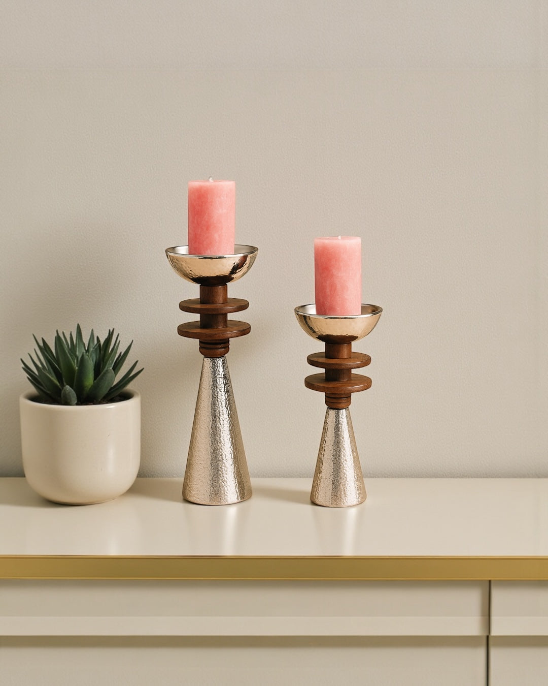 Wooden & Stainless Steel Candle Holder – Modern Table Décor (Large & Small Sizes)