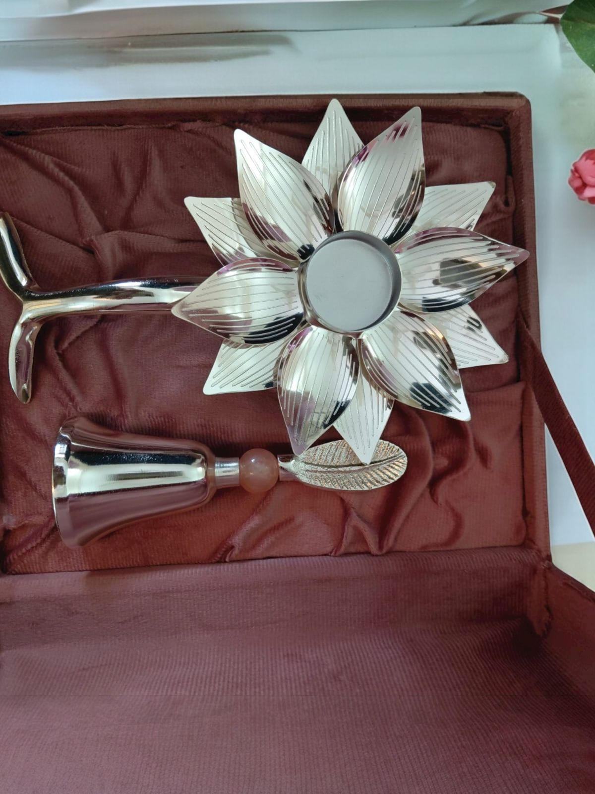 Lotus Diya and Bell Set with Velvet Box – Traditional Pooja & Gift Set