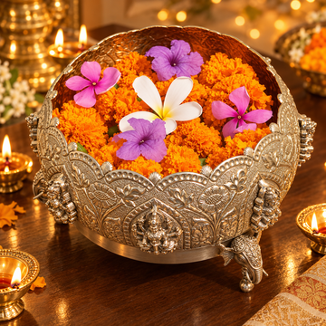 Brass Ashtalakshmi Urli Bowl with Elephant Legs | Gold Finish Floral Repoussé Decor