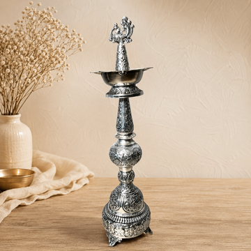 Tall Engraved Brass Samai Lamp with Peacock Topper | Traditional Pooja Oil Lamp
