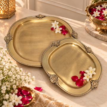 The Chandni Brass Tray | Handcrafted Brass Platter with Sculpted Medallion Rim