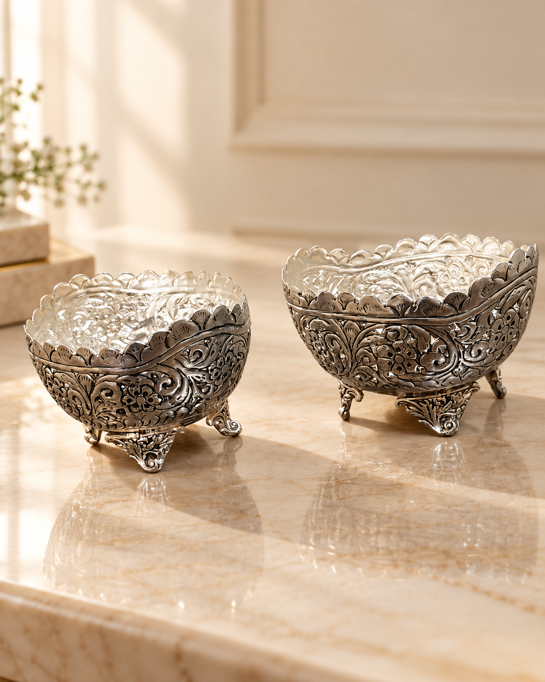 Handcrafted Brass Silver-Finish Floral Engraved Bowl Set of 2 | Antique Footed Serving Bowls