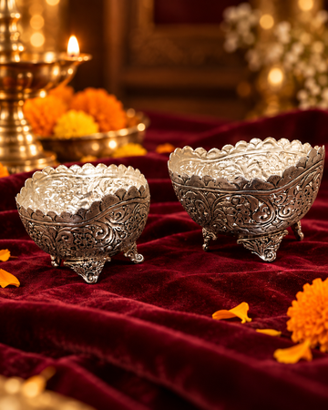 Handcrafted Brass Silver-Finish Floral Engraved Bowl Set of 2 | Antique Footed Serving Bowls