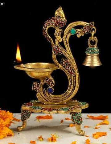 Brass Stone studded Peacock Diya
