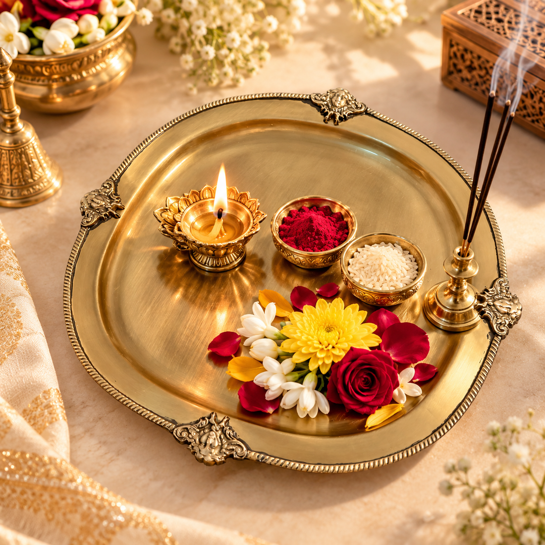 The Chandni Brass Tray | Handcrafted Brass Platter with Sculpted Medallion Rim