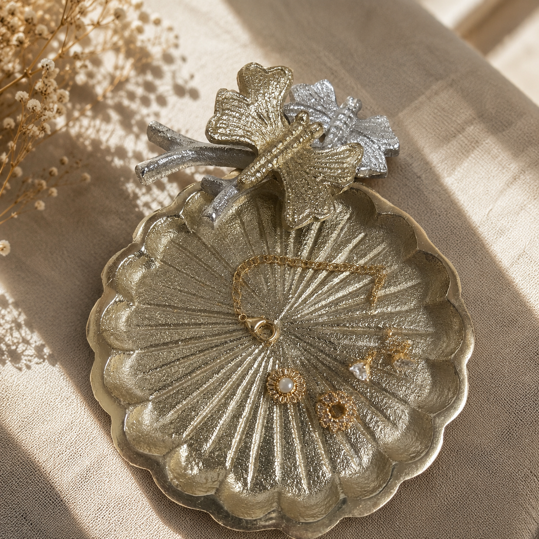 Gold Scalloped Trinket Tray with Silver Dragonfly & Maple Leaf Design | Decorative Jewelry Dish