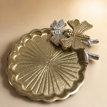 Gold Scalloped Trinket Tray with Silver Dragonfly & Maple Leaf Design | Decorative Jewelry Dish