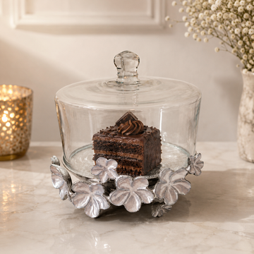 Glass Dome Cake Platter with Silver Floral Base | Decorative Cake & Dessert Stand