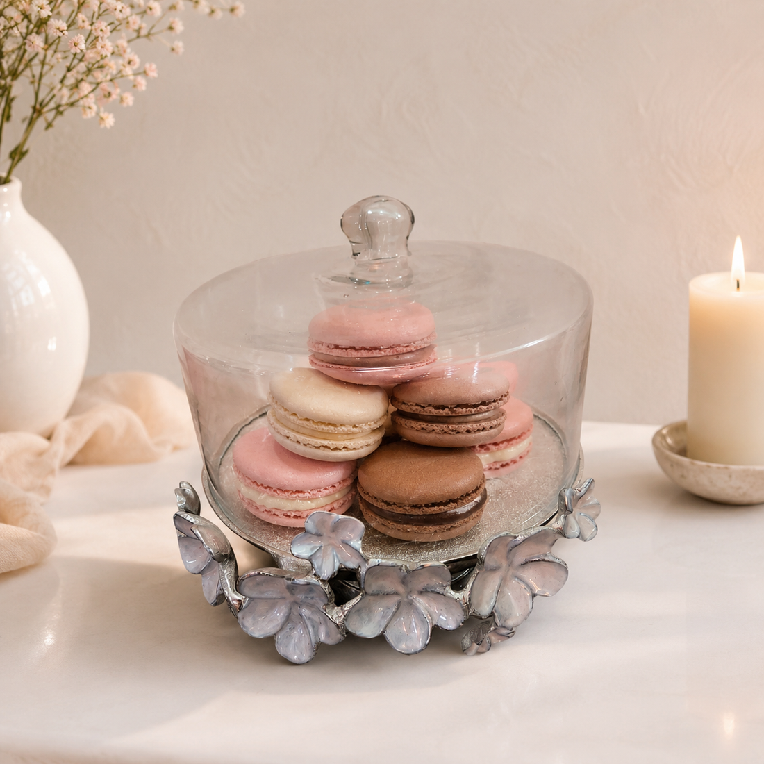 Glass Dome Cake Platter with Silver Floral Base | Decorative Cake & Dessert Stand