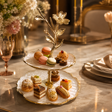 2-Tier Pearl & Gold Floral Dessert Stand | Decorative Cake & Pastry Display Stand