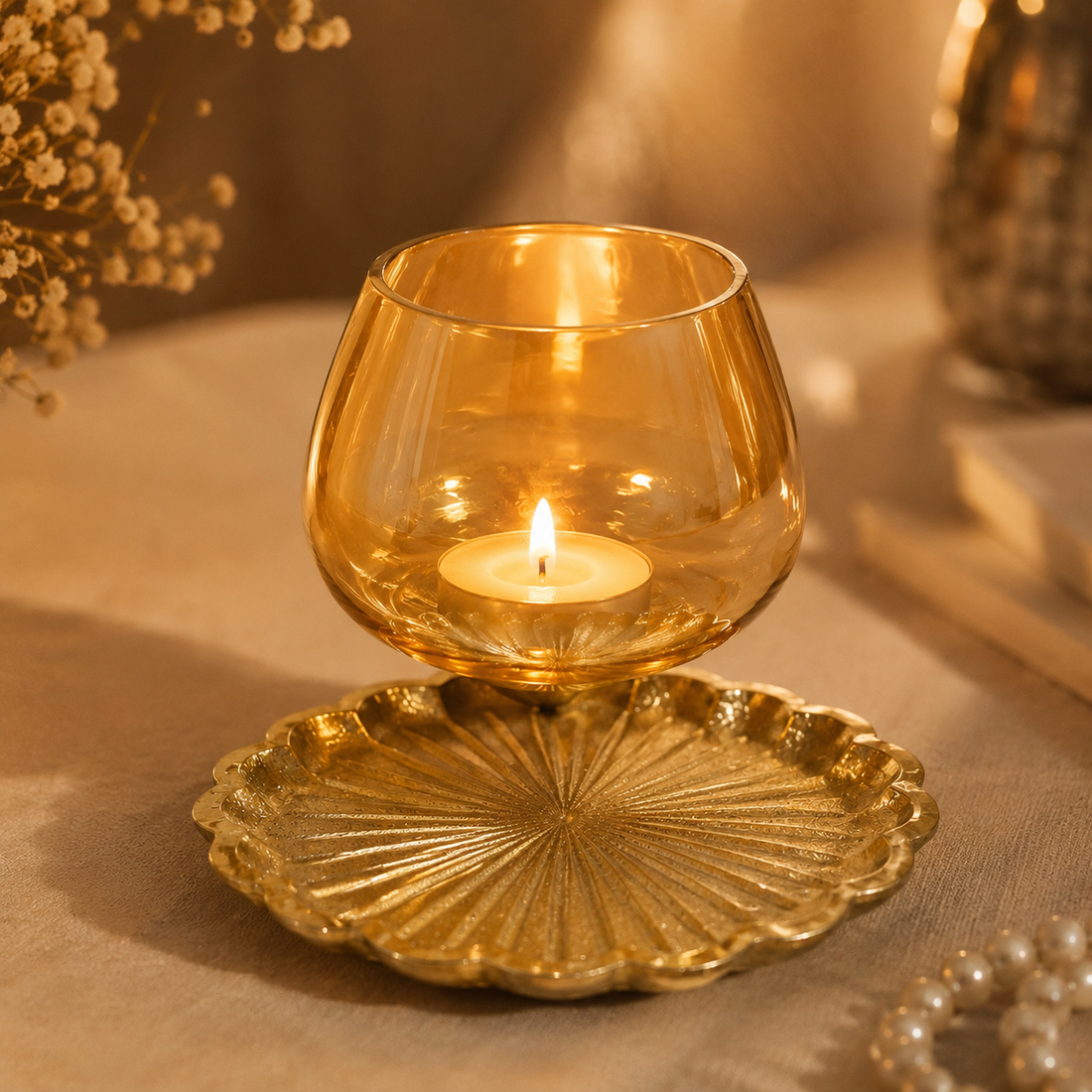 Gold Glass Tealight Holder with Scalloped Shell Base | Decorative Candle Bowl
