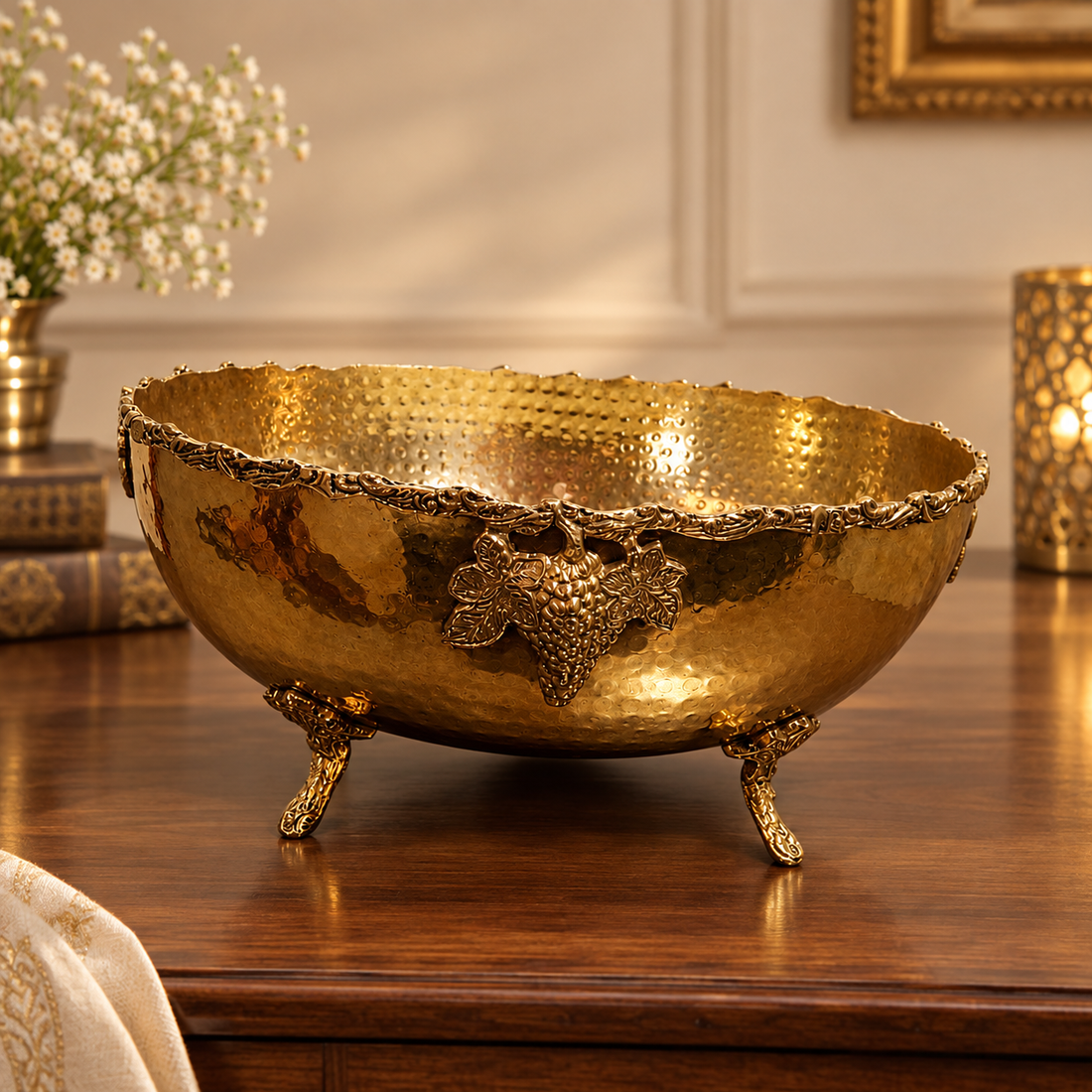 Brass Footed Bowl with Grapevine Motif – Hand-Hammered Decorative Centerpiece
