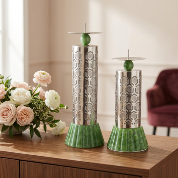 Laser-Cut Metal Pillar Candle Holders with Resin Base — Set of 2