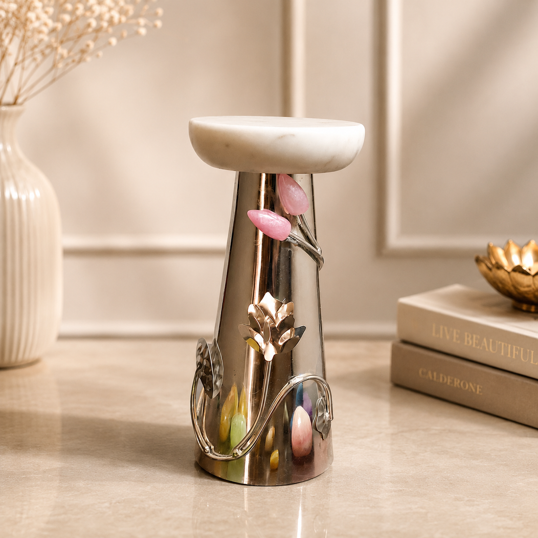 Marble Top Rose Gold Floral Pillar Candle Stand | Elegant Decorative Holder