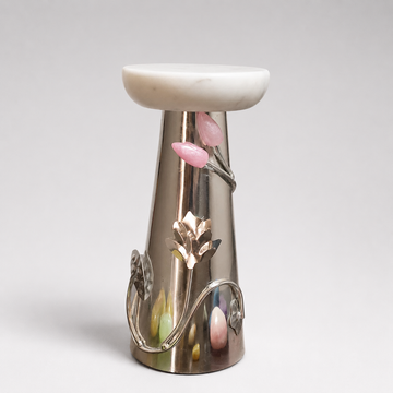 Marble Top Rose Gold Floral Pillar Candle Stand | Elegant Decorative Holder