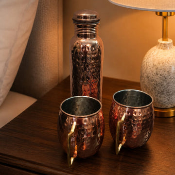 Hammered Copper Water Bottle & Mug Set | Premium Ayurvedic Drinkware Collection