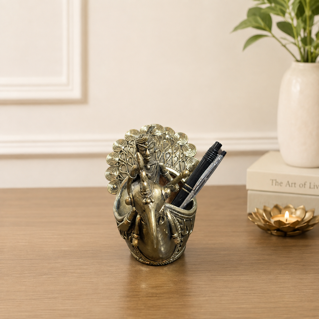 Dokra Art Peacock Pen Holder-Handcrafted Tribal Brass Pen/Candle Holder