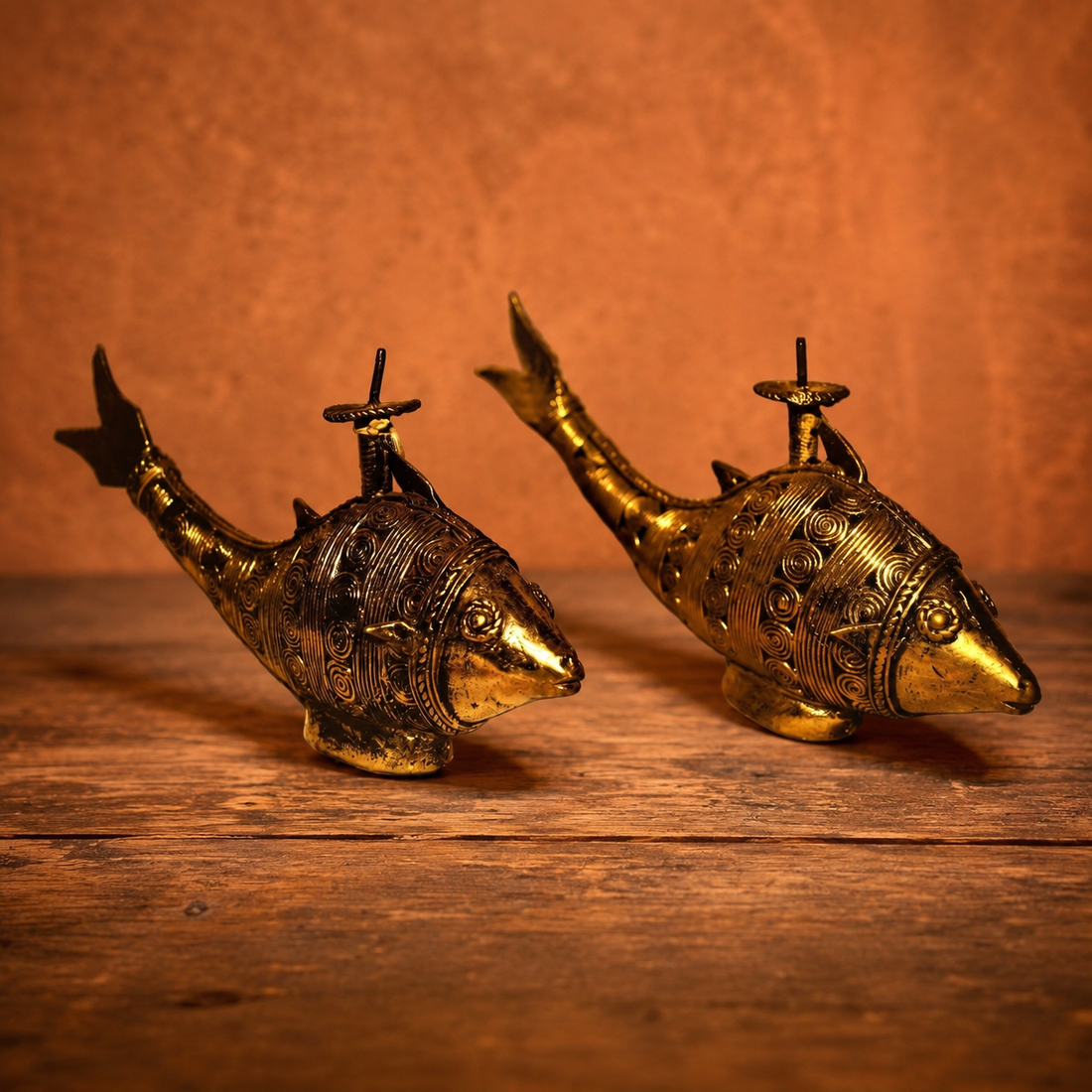 Dokra Art Fish Candle Holders (Set of 2) | Handcrafted Brass Tribal DecorDokra Art Fish Candle Holders (Set of 2) | Handcrafted Brass Tribal Decor