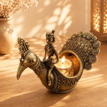 Dokra Art Peacock Pen Holder-Handcrafted Tribal Brass Pen/Candle Holder
