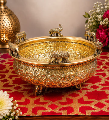 Gajraj Royale Pure Brass Decorative Urli with Elephant Accents | 8.5 Inch Handcrafted Bowl