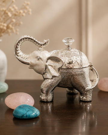 White Enamel Elephant Trinket Bowl Set with Silver Detailing and Crystal Knob Lid