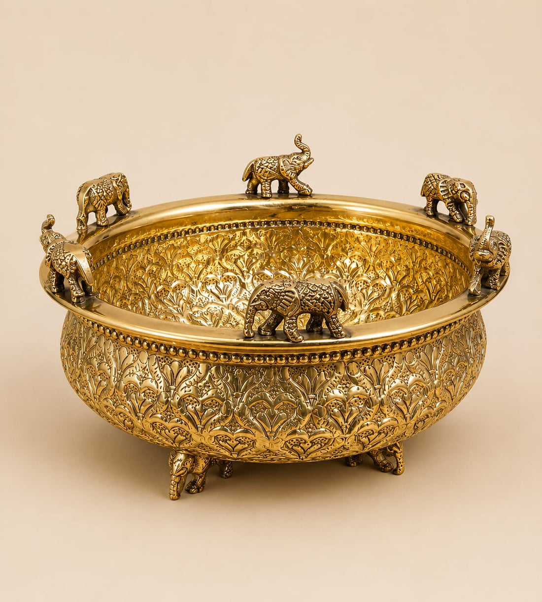 Gajraj Royale Pure Brass Decorative Urli with Elephant Accents | 8.5 Inch Handcrafted Bowl