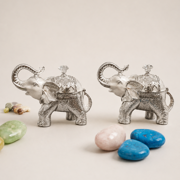 White Enamel Elephant Trinket Bowl Set with Silver Detailing and Crystal Knob Lid