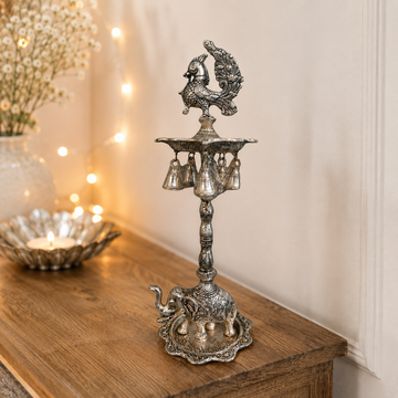 Silver Elephant & Peacock Diya Lamp with Hanging Bells | Traditional Oxidized Oil Lamp