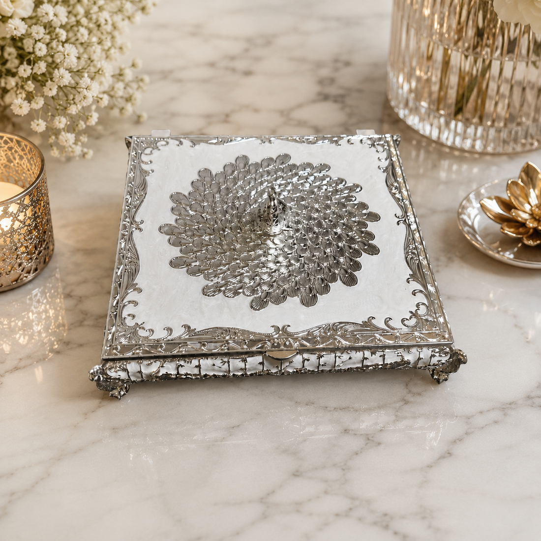 Silver Ornate Peacock Feather Design Luxury Storage Box/Dryfruit Box