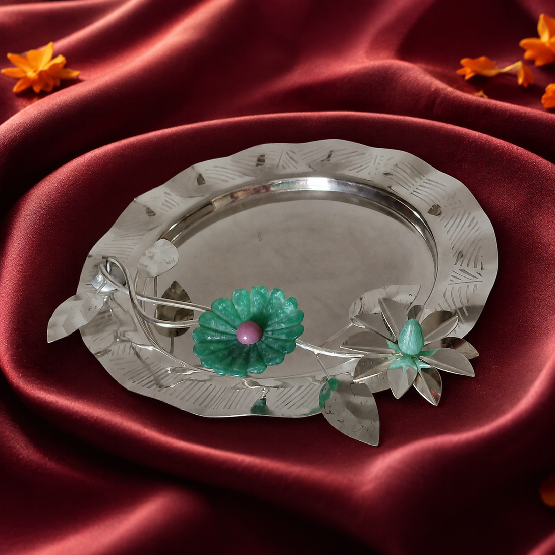 Aluminium Resin Flower Platter — Pooja & Sagan Thali (Green / Pink)