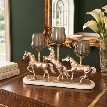 Regal Trio — Golden Horse Candelabra with Smoked Green Glass Votives