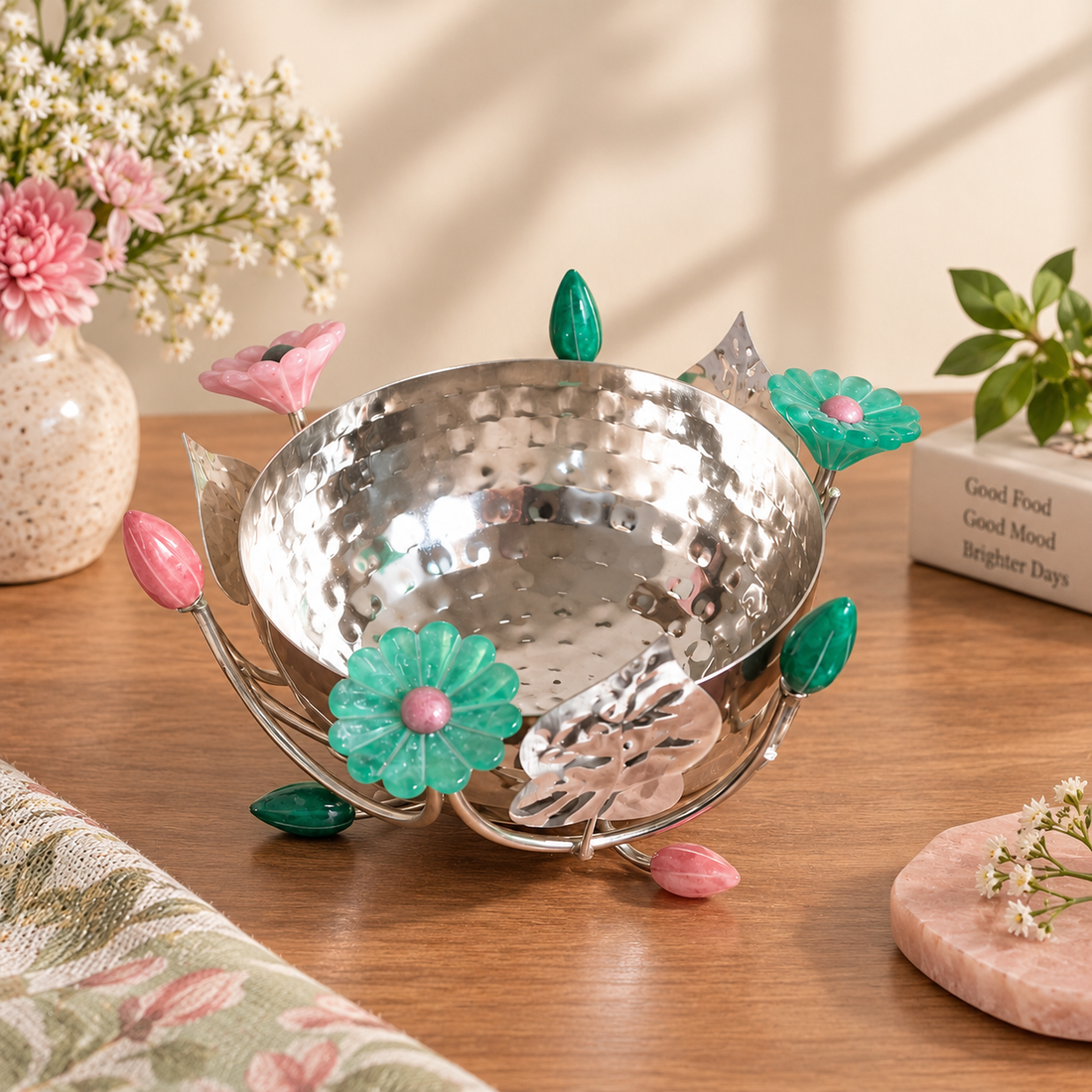 Jeweled Flower Metal Bowl – Hammered Silver Decorative Centerpiece