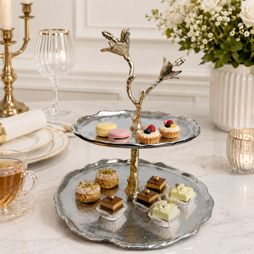 2-Tier Silver Dessert Stand with Gold Lily Branch | Two-Tone Cake Display Stand