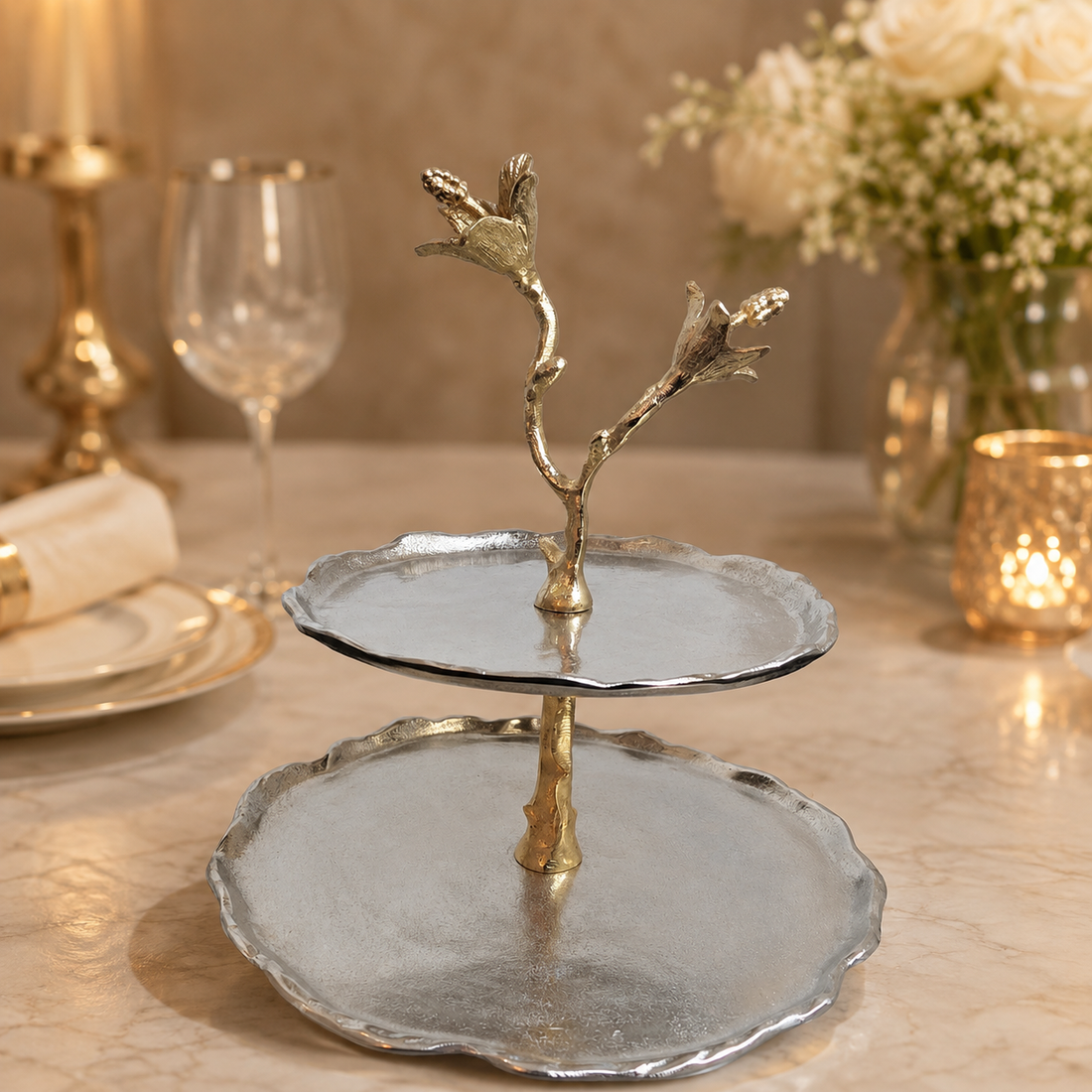 2-Tier Silver Dessert Stand with Gold Lily Branch | Two-Tone Cake Display Stand