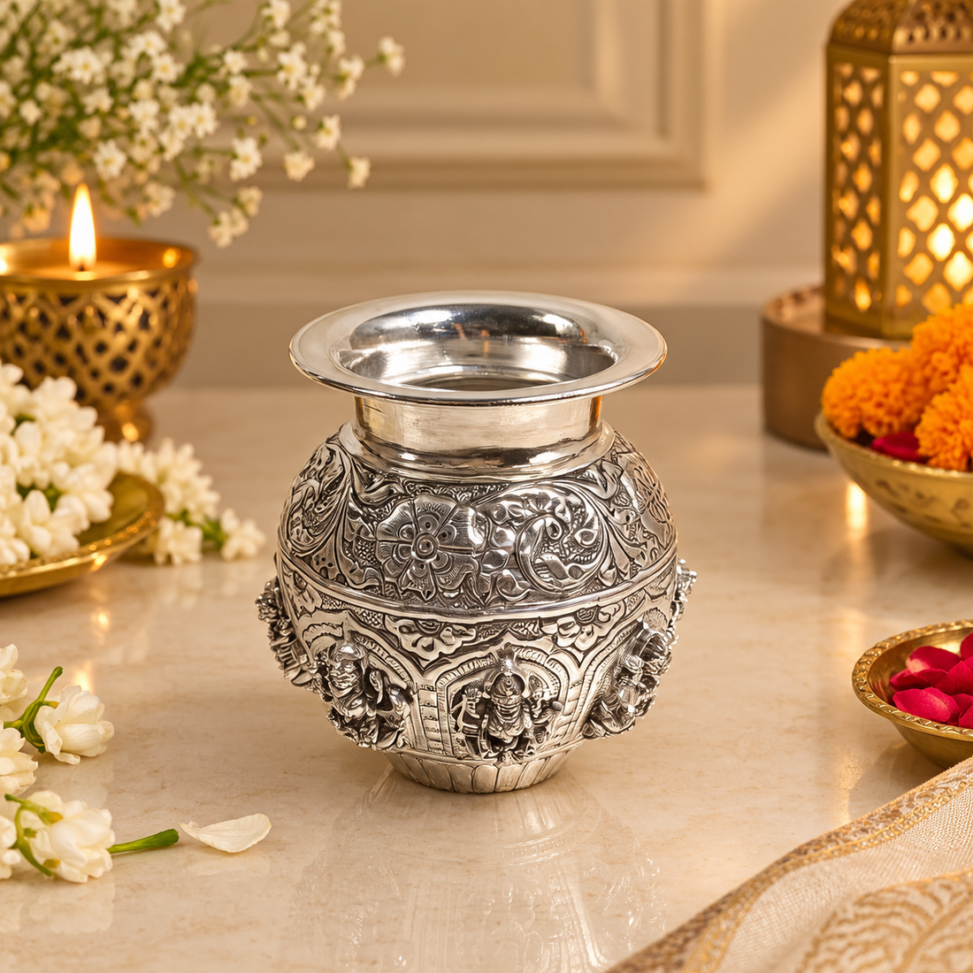 Ashtlaxmi Pure Brass Pot – Sacred Handcrafted Brass Pooja Kalash