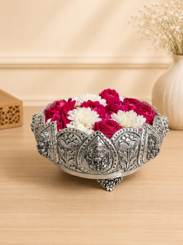 Ashtlakshmi Urli Cum Decorative Bowl | Pure Brass with Silver Finish | 8 Inch | Luxury Festive Decor