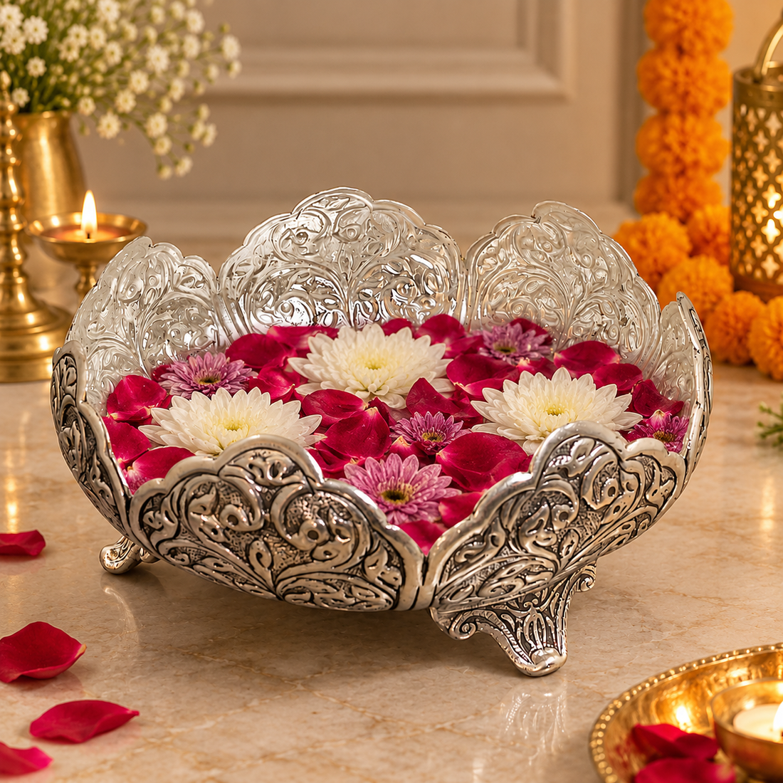 Brass Silver-Plated Lotus Urli | Scalloped Floral Design Pooja Bowl