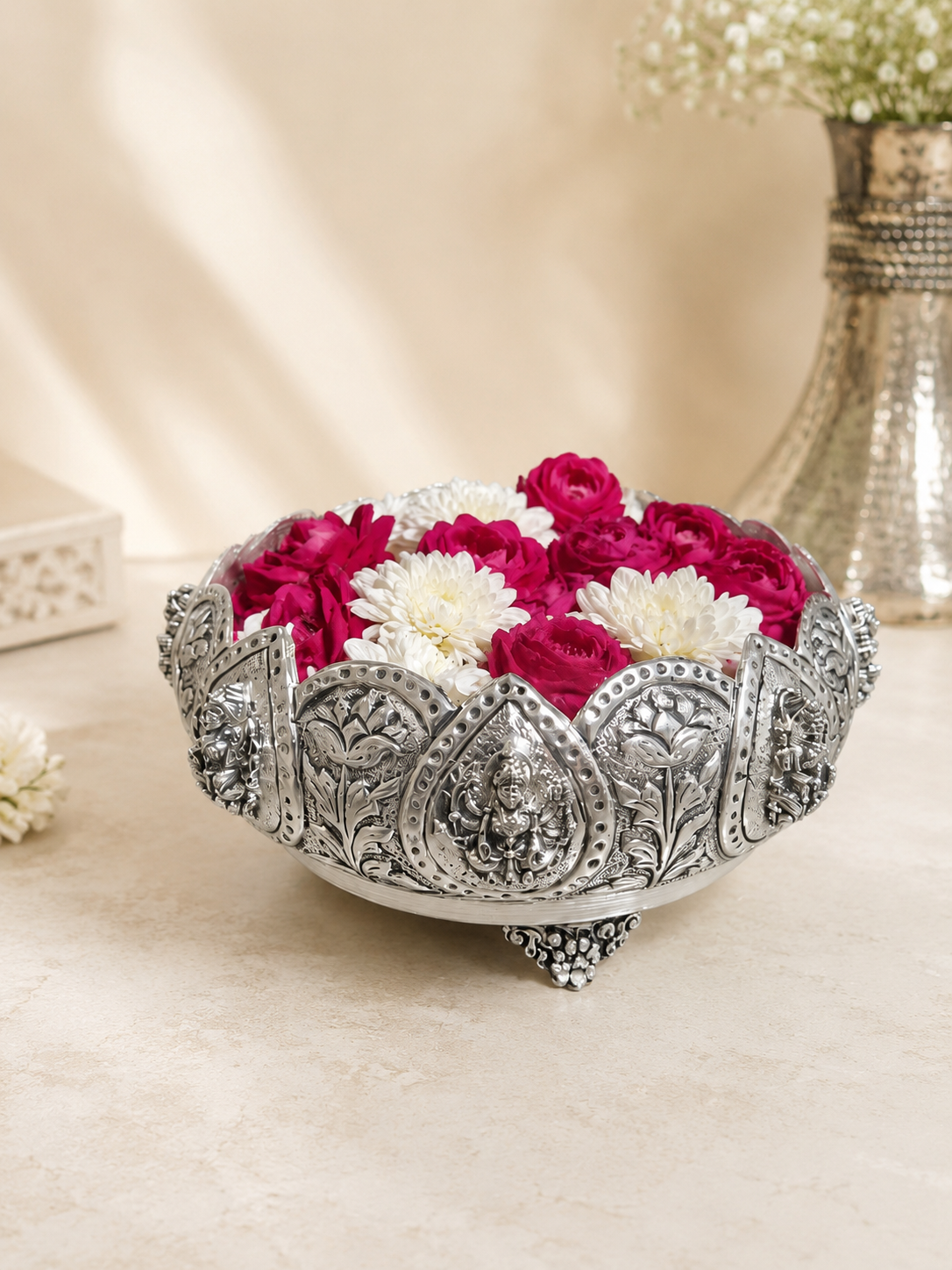 Ashtlakshmi Urli Cum Decorative Bowl | Pure Brass with Silver Finish | 8 Inch | Luxury Festive Decor