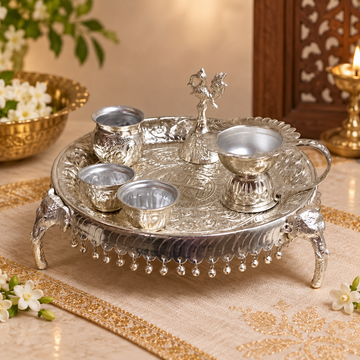 German Silver Elephant Pooja Thali Set with Bells – Antique Finish Puja Décor
