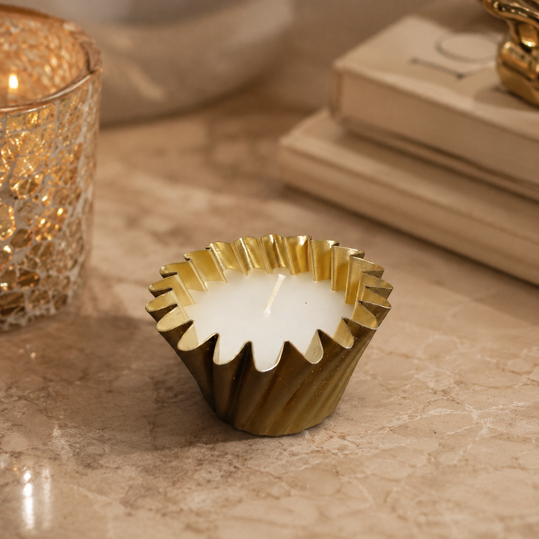 Ruffled Gold Metal Soy Wax Candle Scented, Pack of 4