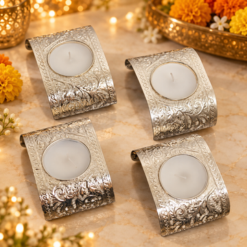 Silver Embossed Tealight Holders | Curved Floral Engraved T-Light Candle Stands