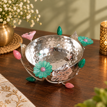 Jeweled Flower Metal Bowl – Hammered Silver Decorative Centerpiece