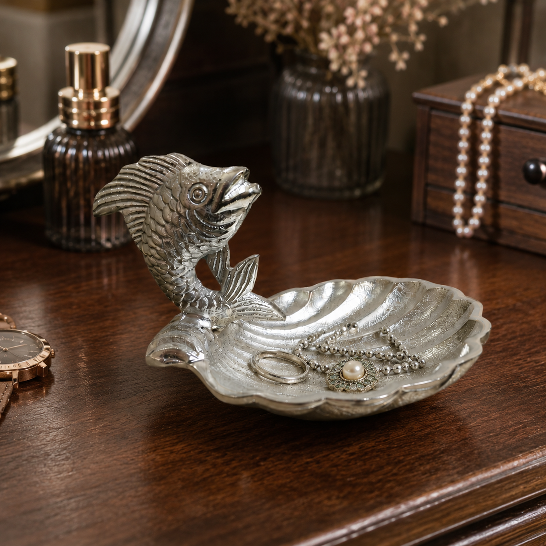 Silver Fish Shell Platter | Decorative Serving Dish & Trinket Tray